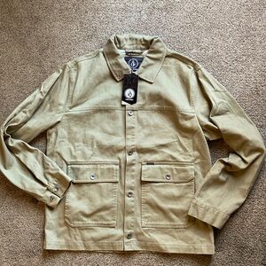 New NWT Volcom olive green/khaki snap front denim cargo jacket Sz L